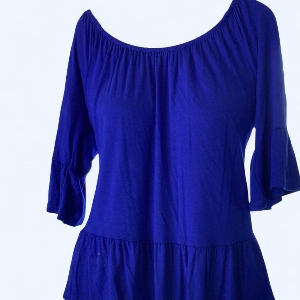 Blue off the shoulder ruffle sleeve and trim top Como Vintage PM